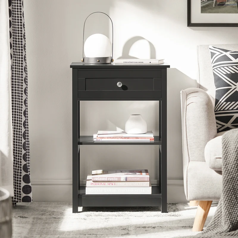 SoBuy FBT46-SCH Table de Chevet avec 1 Tiroir & 2 Étagères, Table d'appoint Moderne, Noir, L45 x P30 x H68cm