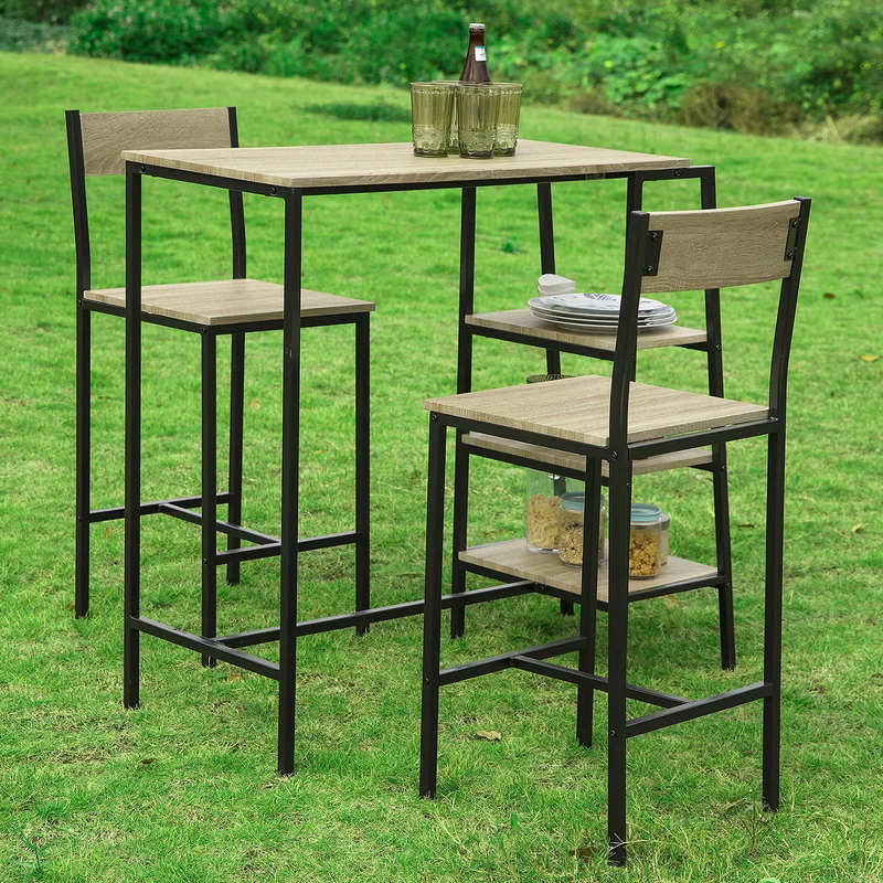 SoBuy OGT16-N Ensemble Table de Bar Bistrot + 2 Tabourets de Bar avec 3 Étagères Latéraux