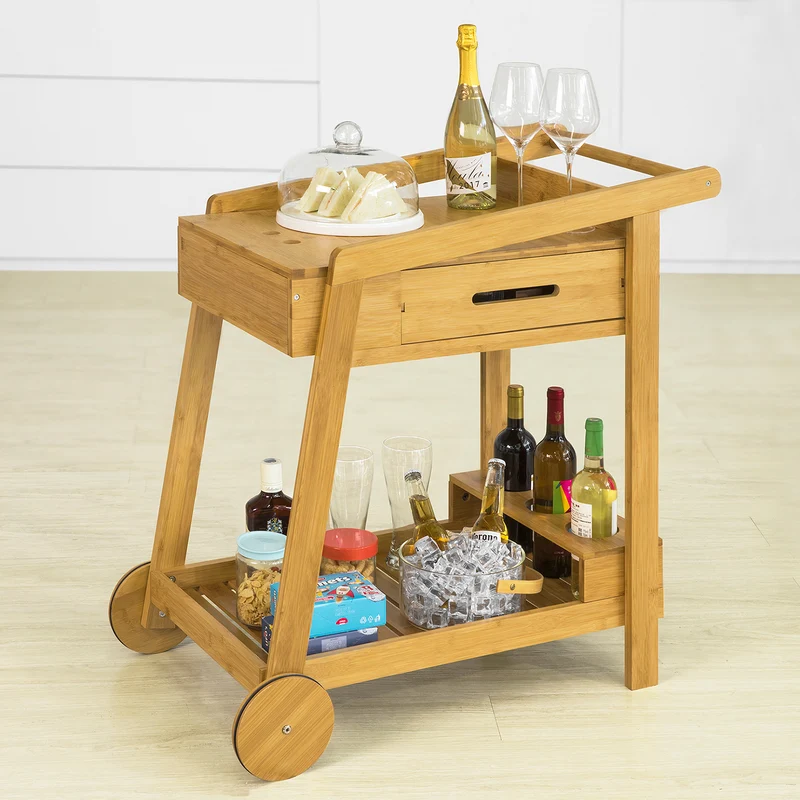 SoBuy FKW89-N Chariot de Service à roulettes Chariot de Cuisine en Bambou 2 Niveaux de Rangement Desserte de Cuisine roulante avec Porte-Bouteilles