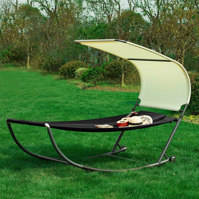 SoBuy OGS44-SCH Transat de Jardin Transat à Bascule avec Pare-Soleil et 2 roulettes Chaise Longue