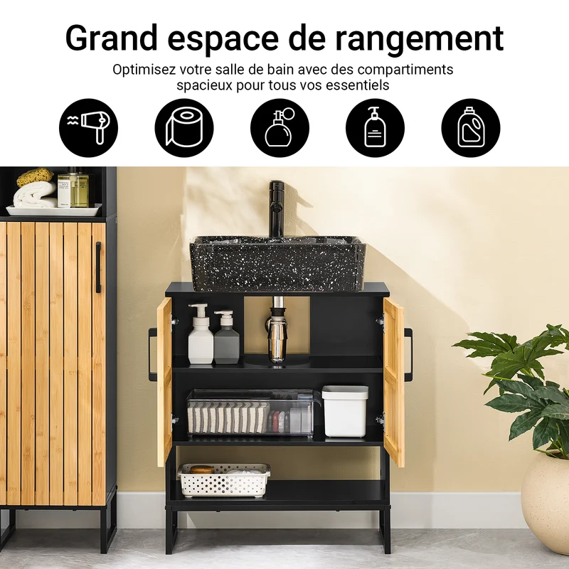 SoBuy BZR202-SCH Meuble sous Lavabo avec Découpe Siphon, Étagère Réglable et Portes en Bambou – L60×P30×H70 cm, MDF E1, Pieds Métal, Noir