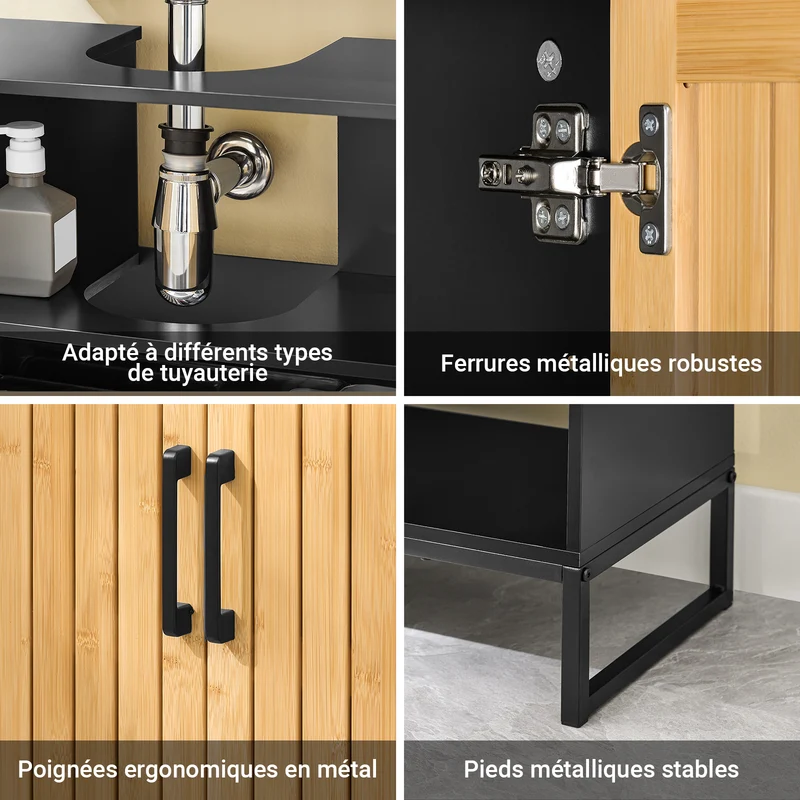 SoBuy BZR202-SCH Meuble sous Lavabo avec Découpe Siphon, Étagère Réglable et Portes en Bambou – L60×P30×H70 cm, MDF E1, Pieds Métal, Noir