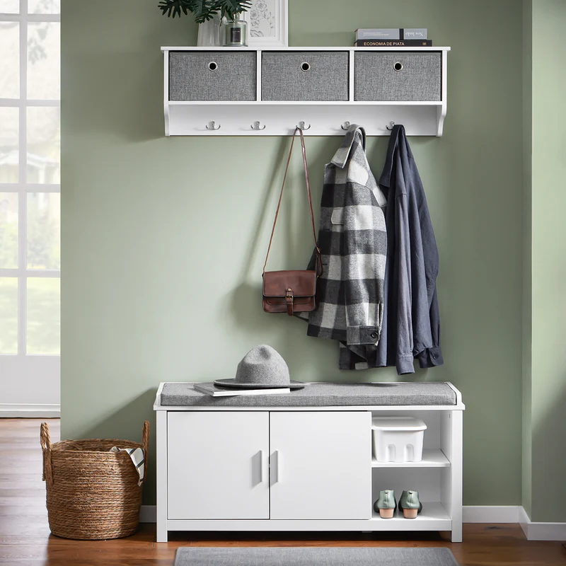 SoBuy FSR168-W Banc à Chaussures Banc de Rangement Meuble d'Entrée Meuble à Chaussures, 2 Portes Coussin Rembourré