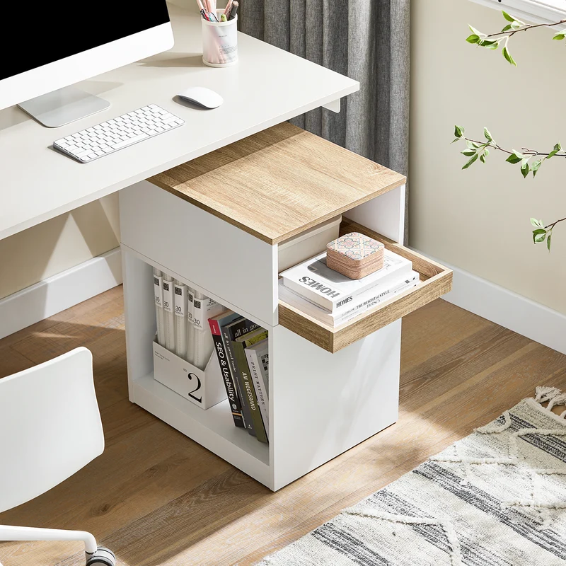 SoBuy ASK08-WN Caisson de Bureau Mobile – 1 Tiroir, 2 Compartiments, Plateau 40×50 cm – 40×50×65 cm, Blanc et Bois