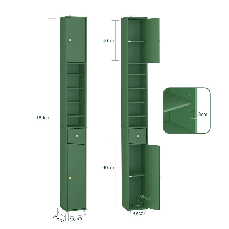 SoBuy BZR34-II-SY Colonne Salle de Bain Vert Foncé 180 cm Ultra-Slim 20 cm avec Tiroir et Étagères Réglables – Anti-Humidité, Anti-Basculement, MDF