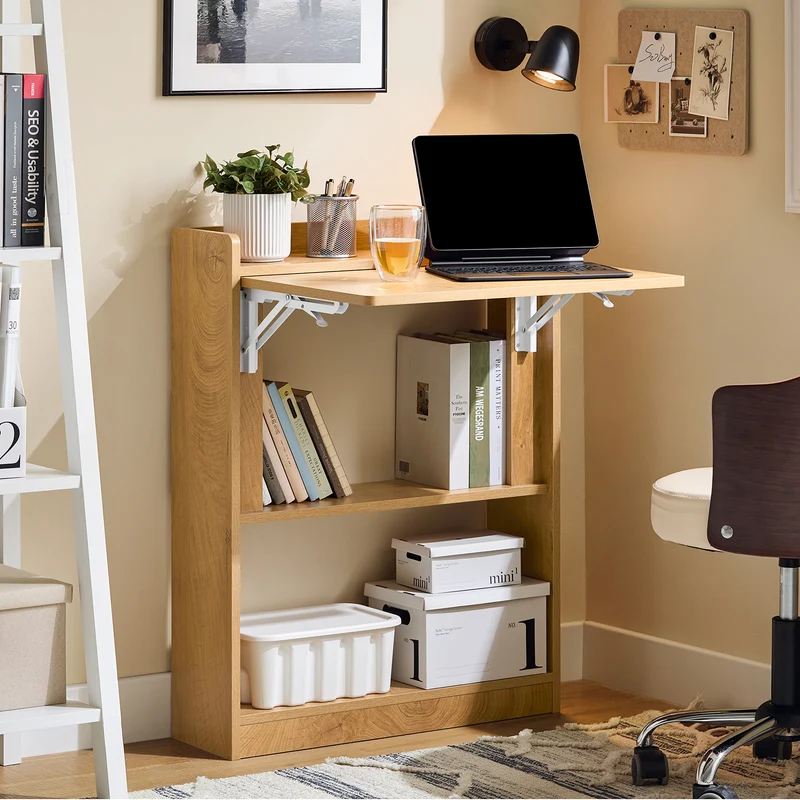 SoBuy FWT92-N Bureau Mural Pliant avec 3 Étagères Intégrées – 64×58×82 cm Déplié, 20 cm Plié, Charge 35 kg, Naturel