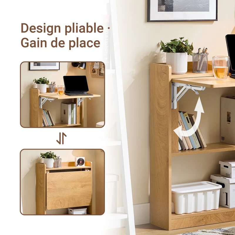 SoBuy FWT92-N Bureau Mural Pliant avec 3 Étagères Intégrées – 64×58×82 cm Déplié, 20 cm Plié, Charge 35 kg, Naturel