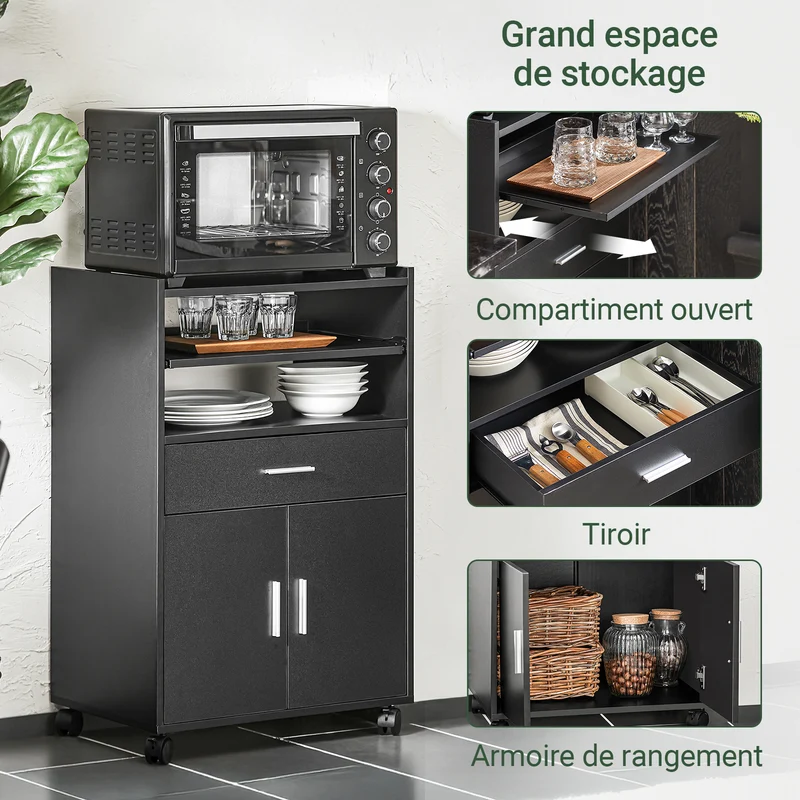 SoBuy FSB09-SCH Chariot de Cuisine sur Roulettes – Plan de Travail Extensible, 2 Étagères, Tiroir, Placard, 59×40×92 cm, Noir