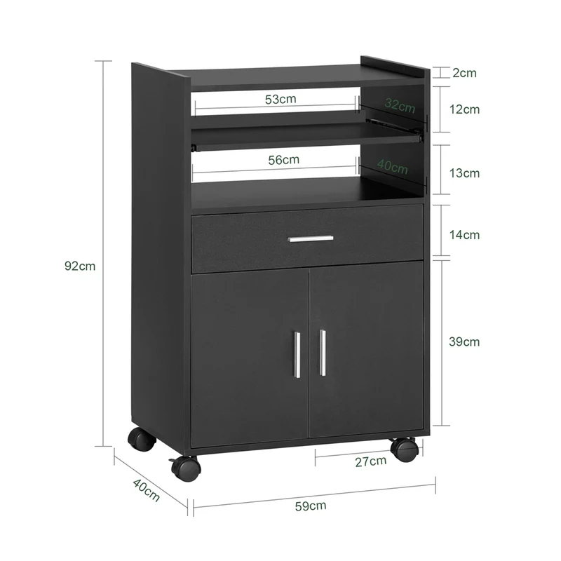 SoBuy FSB09-SCH Chariot de Cuisine sur Roulettes – Plan de Travail Extensible, 2 Étagères, Tiroir, Placard, 59×40×92 cm, Noir