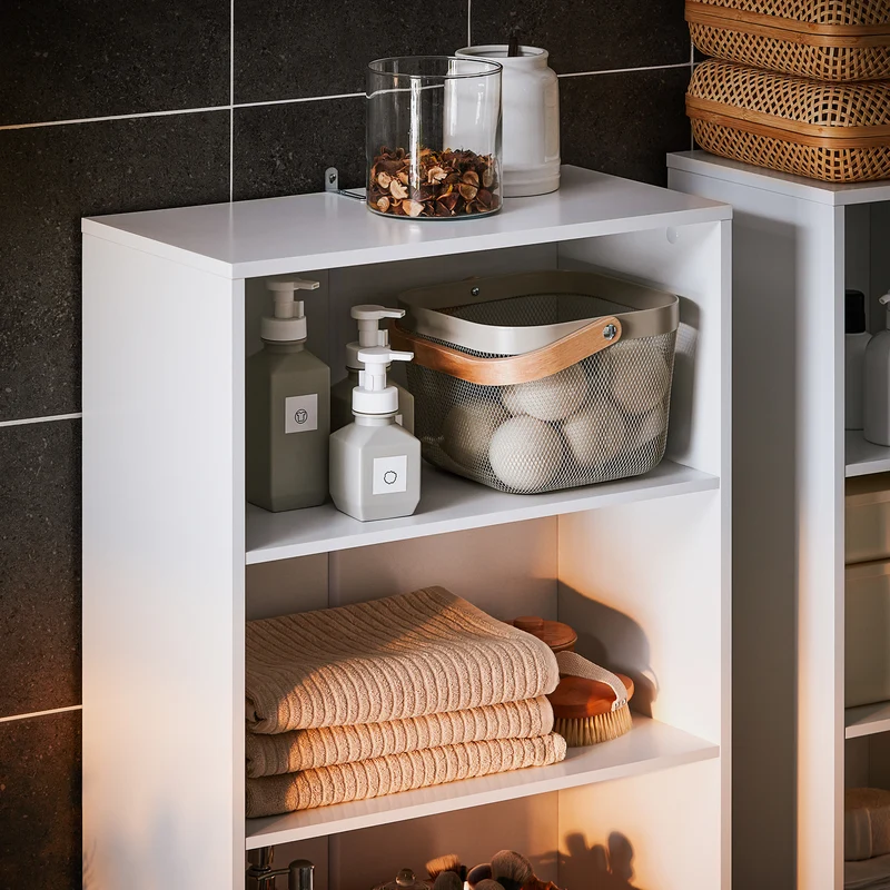 SoBuy BZR155-W Meuble Colonne Salle de Bain avec Panier à Linge – Armoire Haute Étroit avec Portes et Étagères Ouvertes – Meuble Rangement WC Blanc 60x30x171cm
