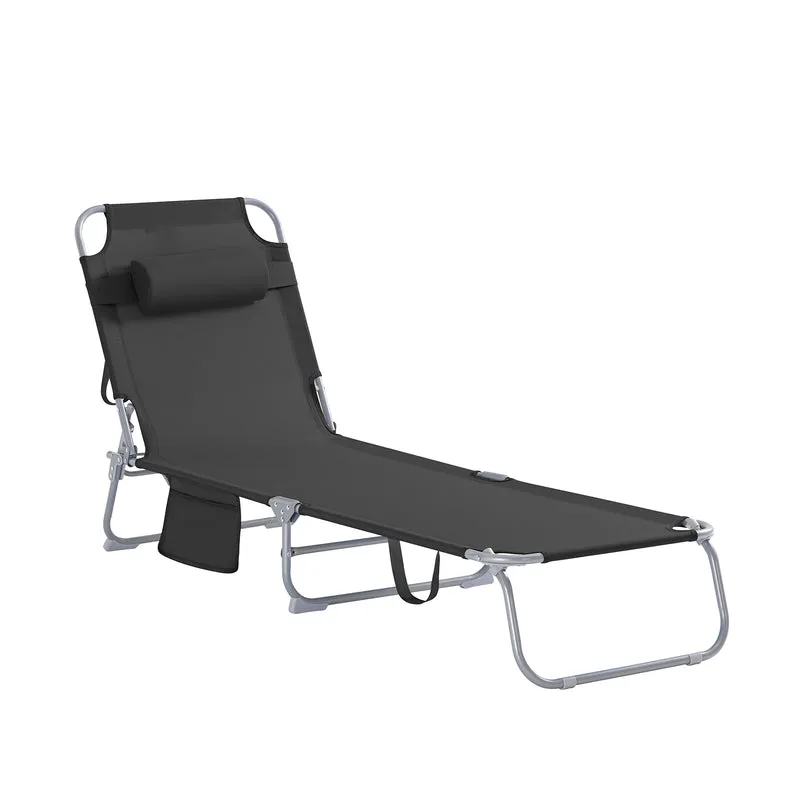 SoBuy OGS35-SCH Transat de Jardin Pliable avec Oreiller et Poche Latérale, Chaise Longue Relax, Confortable, Design Fonctionnel – L155×P56×H81 cm, Noir