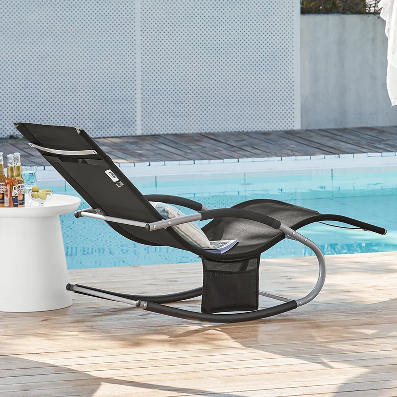 SoBuy OGS28-SCH Chaise Longue de Jardin à Bascule Pliable – Bain de Soleil Confortable 150 kg, Noir