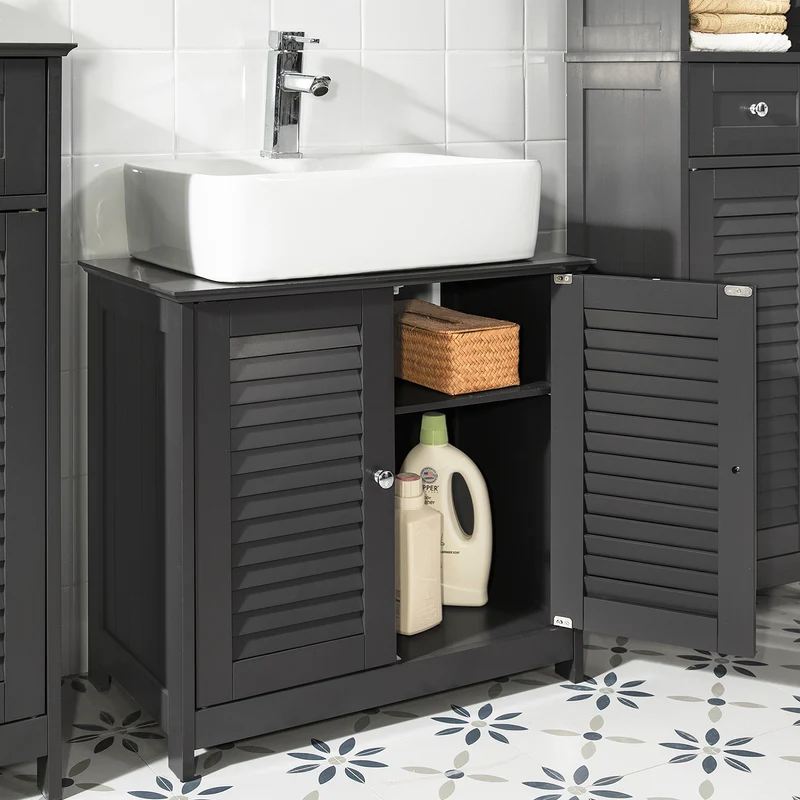 SoBuy FRG237-DG Meuble sous Lavabo avec Étagères Ajustables, Résistant à l’Humidité, pour Salle de Bain et WC, Rangement Optimisé – L60×P35×H58 cm, MDF, Gris