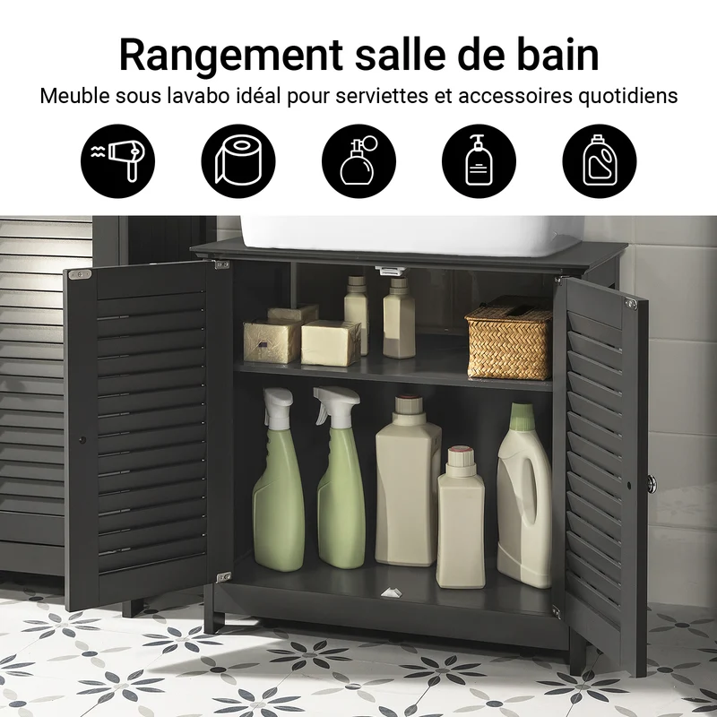 SoBuy FRG237-DG Meuble sous Lavabo avec Étagères Ajustables, Résistant à l’Humidité, pour Salle de Bain et WC, Rangement Optimisé – L60×P35×H58 cm, MDF, Gris