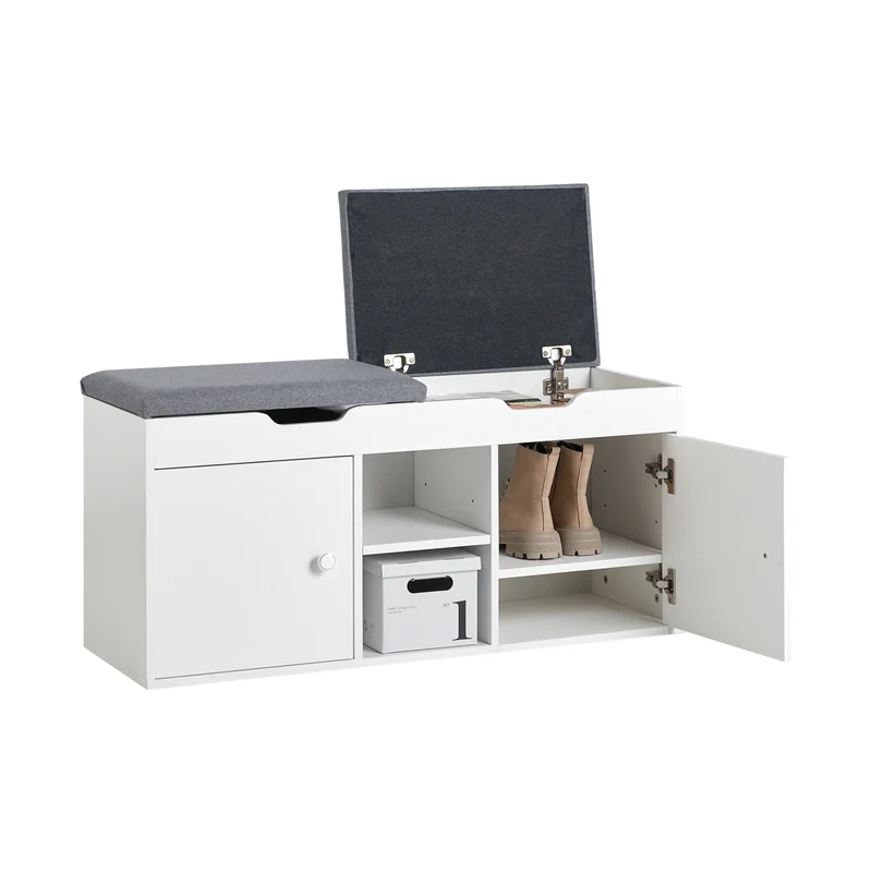SoBuy FSR96-W Banc à Chaussures avec Coussin Rembourré, 2 Portes et 3 Étagères Réglables, Design Moderne, Compact – L100×P34×H47 cm, Charge 150 kg, Blanc