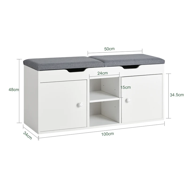 SoBuy FSR96-W Banc à Chaussures avec Coussin Rembourré, 2 Portes et 3 Étagères Réglables, Design Moderne, Compact – L100×P34×H47 cm, Charge 150 kg, Blanc