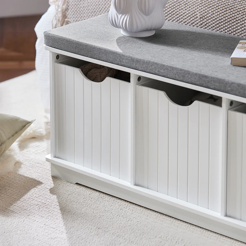 SoBuy FSR30-W Banc à Chaussures avec Coussin Rembourré et 3 Cubes de Rangement pour Entrée – 100x36x46 cm, Blanc