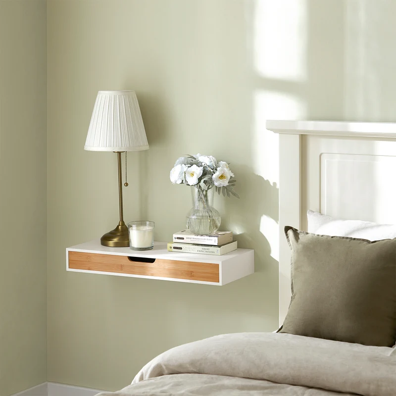 SoBuy FRG93-WN Étagère Murale avec Tiroir - Étagère Flottante Moderne pour Entrée, Salon, Cuisine & Chambre - Blanc & Nature 60x24x8cm