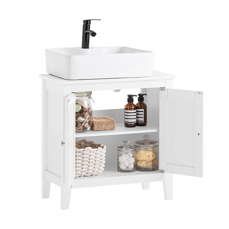 SoBuy FRG202-W Meuble sous lavabo Salle de Bain Meuble de Salle de Bain avec 2 Portes, Grand Espace de Rangement & découpe Siphon sous Vasque MDF, Blanc 60x62x30cm