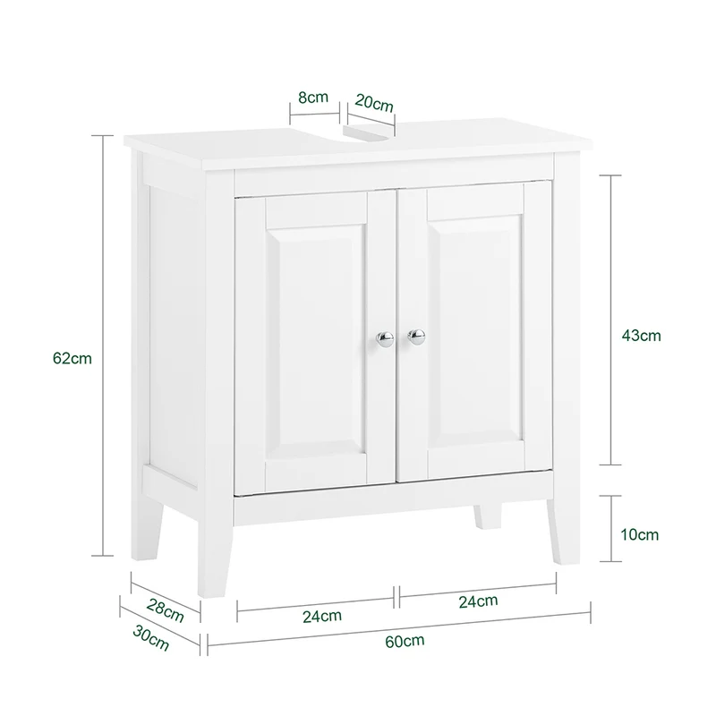 SoBuy FRG202-W Meuble sous lavabo Salle de Bain Meuble de Salle de Bain avec 2 Portes, Grand Espace de Rangement & découpe Siphon sous Vasque MDF, Blanc 60x62x30cm