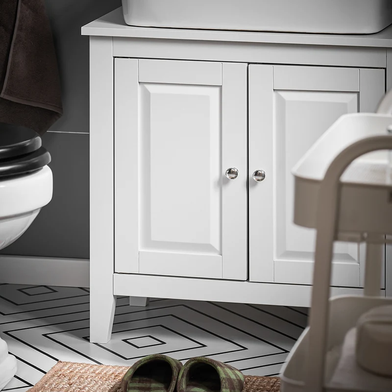 SoBuy FRG202-W Meuble sous lavabo Salle de Bain Meuble de Salle de Bain avec 2 Portes, Grand Espace de Rangement & découpe Siphon sous Vasque MDF, Blanc 60x62x30cm