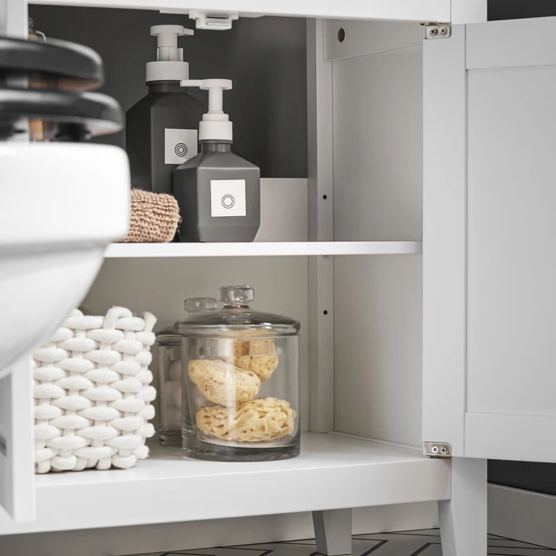 SoBuy FRG202-W Meuble sous lavabo Salle de Bain Meuble de Salle de Bain avec 2 Portes, Grand Espace de Rangement & découpe Siphon sous Vasque MDF, Blanc 60x62x30cm