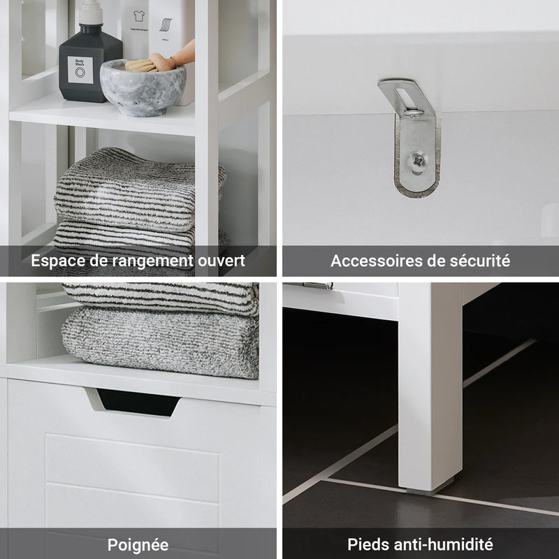 SoBuy BZR123-W Colonne Salle de Bain avec Panier à Linge Amovible et 2 Étagères Ouvertes – L30×P30×H145 cm, Charge 20 kg, MDF et Bambou, Blanc