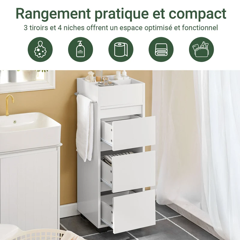 SoBuy BZR29-W Meuble Salle de Bain Petit Espace 30 cm – 3 Tiroirs et Porte-Serviettes Réversible, Blanc