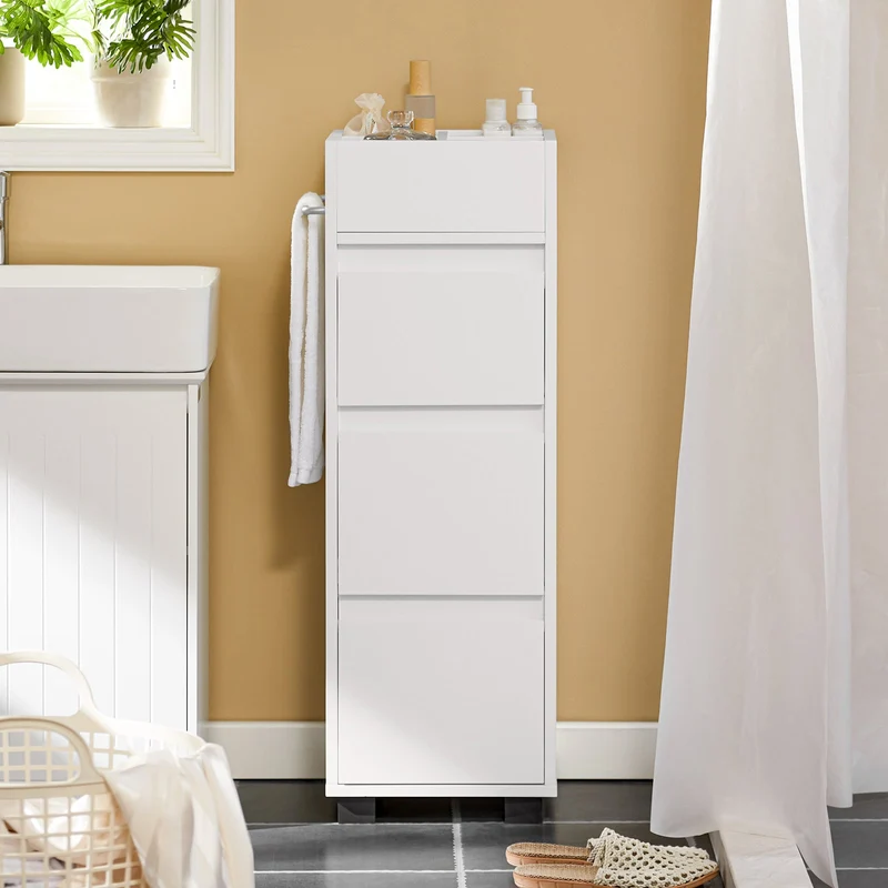 SoBuy BZR29-W Meuble Salle de Bain Petit Espace 30 cm – 3 Tiroirs et Porte-Serviettes Réversible, Blanc