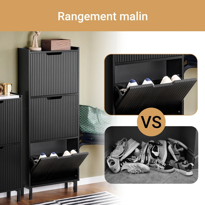 SoBuy FSR177-H-SCH Meuble à Chaussures Ultra-Slim 19 cm à 3 Abattants – 6 à 8 Paires – 130 cm – Blanc