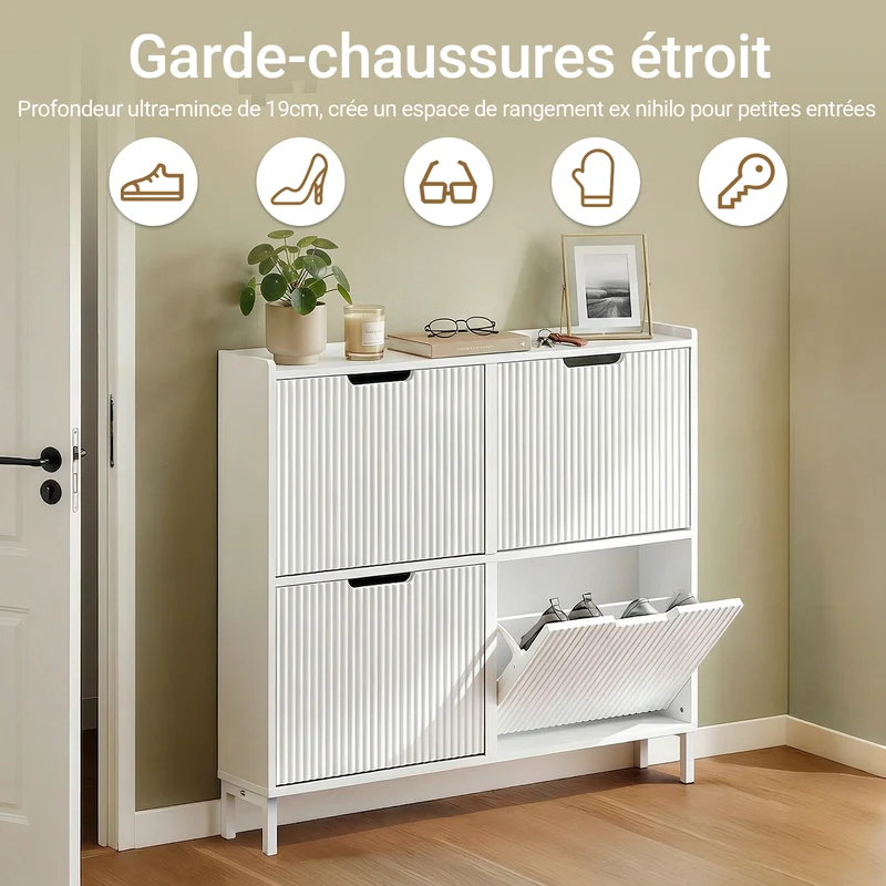 SoBuy FSR177-L-W Armoire à Chaussures 4 Abattants – 12 à 16 Paires, 19 cm de Profondeur, Anti-Basculement – 100×19×91 cm, Blanc