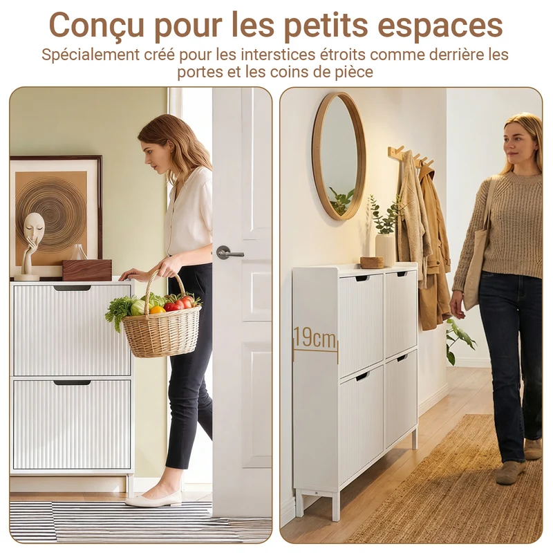 SoBuy FSR177-L-W Armoire à Chaussures 4 Abattants – 12 à 16 Paires, 19 cm de Profondeur, Anti-Basculement – 100×19×91 cm, Blanc