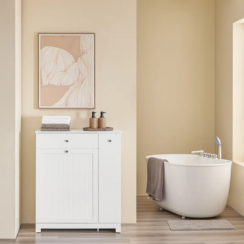 SoBuy BZR214-W Colonne Salle de Bain avec Panier à Linge et 1 Tiroir, pour Salle de Bain et WC, Rangement Optimisé, Design Fonctionnel – L78×P38×H90 cm, Blanc
