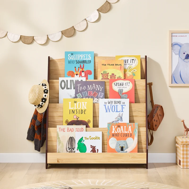 SoBuy KMB32-N Bibliothèque Enfant 4 Niveaux avec 2 Crochets – Meuble Rangement Chambre Enfant – Bois Naturel