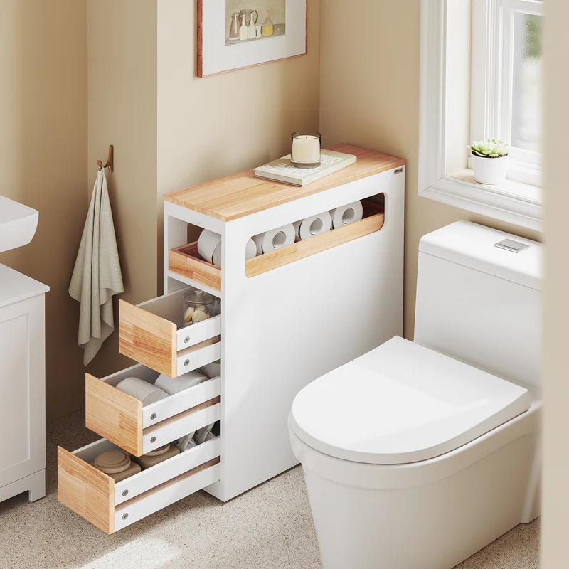 SoBuy BZR54-III-WN Meuble Salle de Bain Slim 23 cm à Roulettes – 3 Tiroirs – Blanc et Bois Naturel