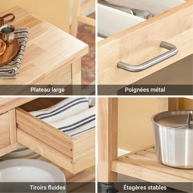 SoBuy FKW24-II-N Desserte de Cuisine sur Roulettes en Bois d'Hévéa – 2 Tiroirs, 2 Étagères, Meuble Cuisine Compact 80×40×90 cm