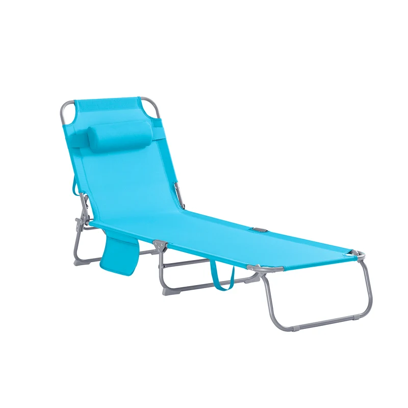 SoBuy OGS35-B Transat de Jardin Pliable avec Oreiller et Poche Latérale, Chaise Longue Relax, Confortable, Design Fonctionnel – L155×P56×H81 cm, Bleu Ciel