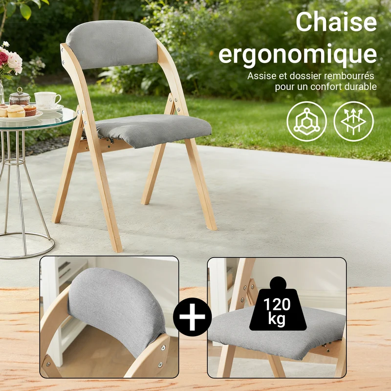 SoBuy FST92-N Chaise Pliante Rembourrée en Bois – Gain de Place – Gris