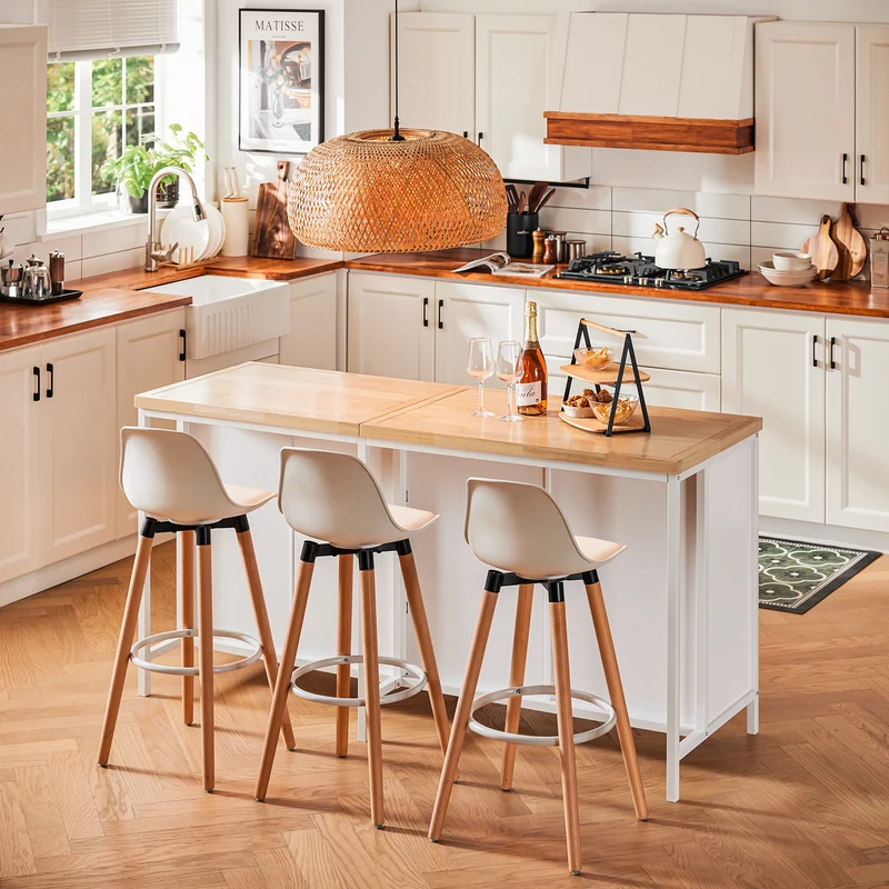 SoBuy KNL09-WN Ìlot Central de Cuisine 3-en-1 – Buffet, Table Bar et Plan de Travail, 170×60×89 cm, Blanc & Bois