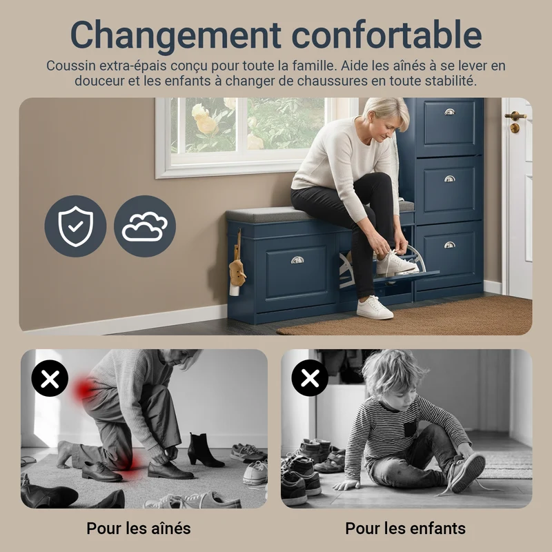 SoBuy FSR64-B Banc à Chaussures Multifonction 2 Abattants, Coussin Déhoussable, Tiroir et Crochet – 104x24x51 cm, Bleu
