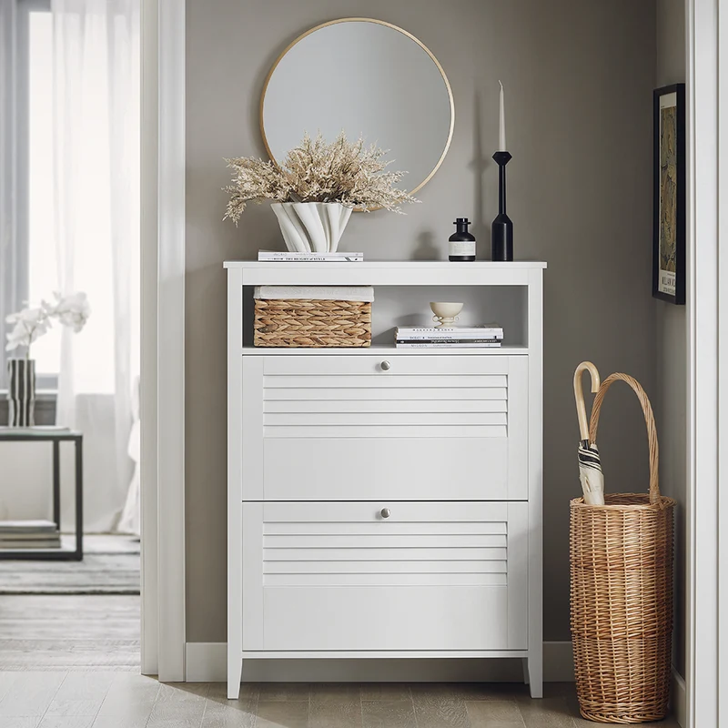 SoBuy FSR152-W Meuble à Chaussures à Abattants 2 Niveaux – Rangement Discret pour Entrée – 80x25x108 cm Blanc