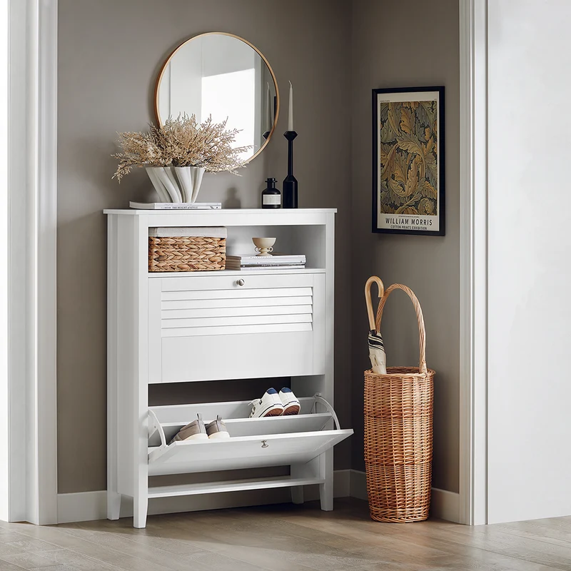 SoBuy FSR152-W Meuble à Chaussures à Abattants 2 Niveaux – Rangement Discret pour Entrée – 80x25x108 cm Blanc