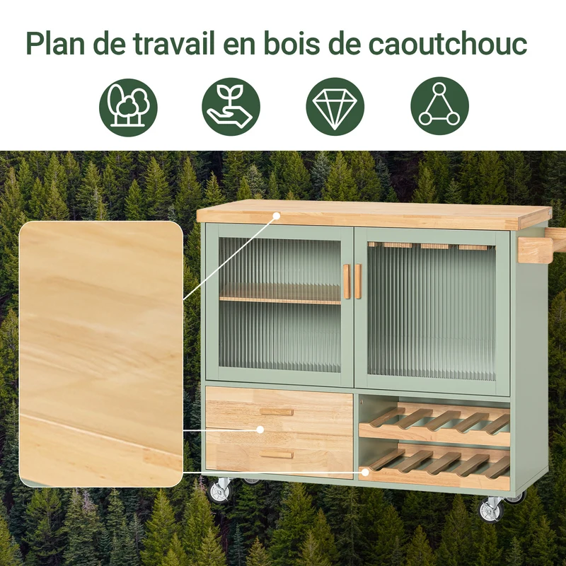 SoBuy FKW114-GR Ìlot Central Cuisine Mobile Vert Sauge – Bar à Vins, Plan Bois Massif, Rangement