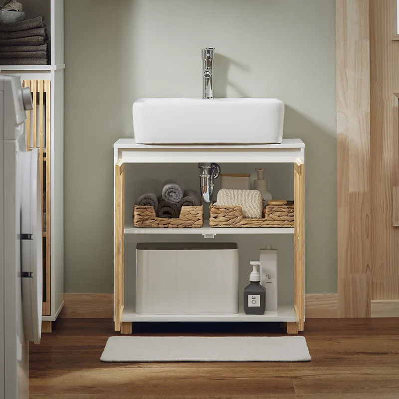 SoBuy BZR125-W Meuble sous Lavabo de Salle de Bain, Meuble sous Vasque à 2 Portes en Bambou, Placard Armoire de Rangement Meuble évier de Cuisine, L60 x P30 x H61 cm