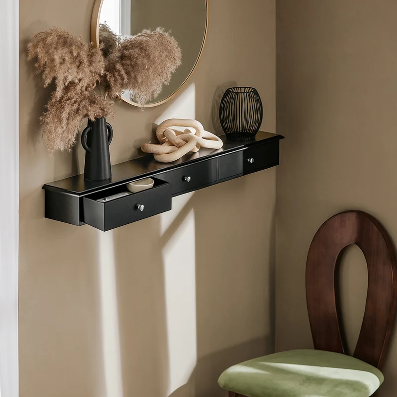 SoBuy FRG43-L-SCH Etagere Murale avec 3 Tiroirs - Étagère Flottante Moderne pour Entrée, Salon, Cuisine & Chambre - Noir 94x15x10cm