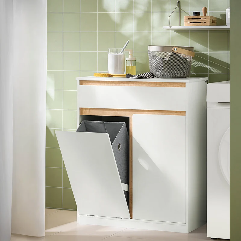 SoBuy BZR79-W Meuble de Salle de Bain avec Panier à Linge Intégré, Tiroir et Double Porte – Blanc et Bois