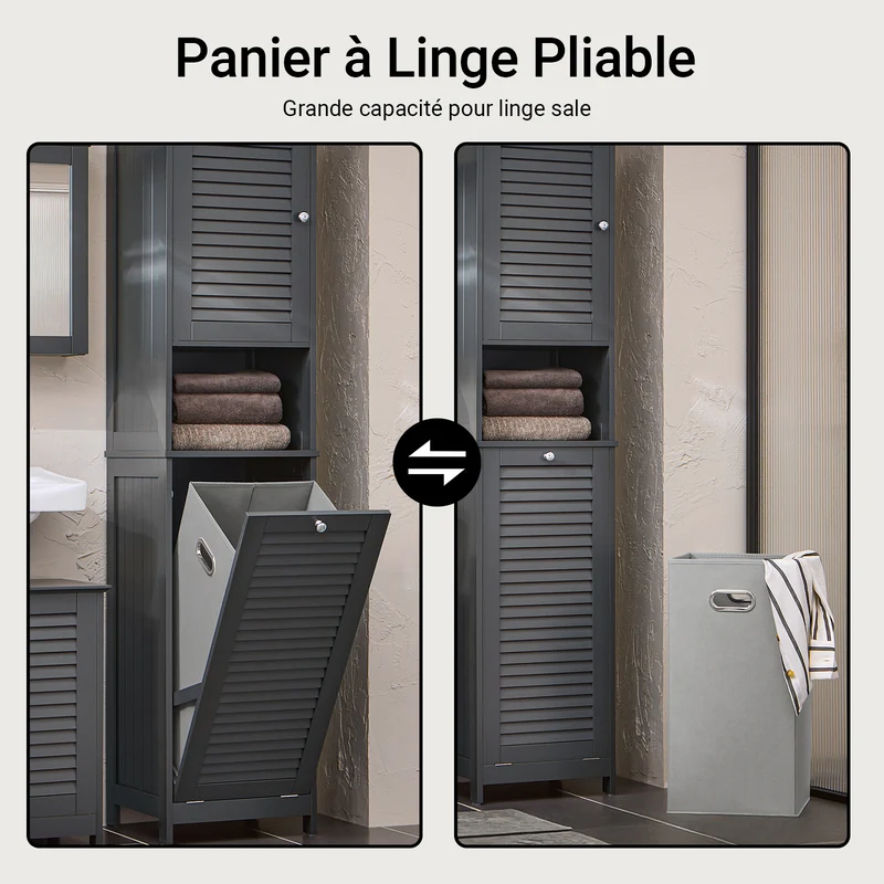 SoBuy BZR124-DG Meuble Colonne avec Panier à Linge – Armoire de Salle de Bain Rangement Étroit Étagère de Salle de Bain Petit Meuble WC Placard Gris 40x170x38 cm