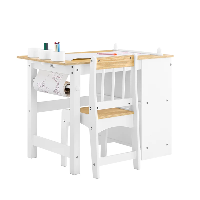 SoBuy KMB60-WN Ensemble Table et Chaise Enfant avec 2 Étagères, Porte-Rouleau et 3 Emplacements Stylos – L80×P50×H66 cm, MDF E1 + Pin, Blanc et Naturel