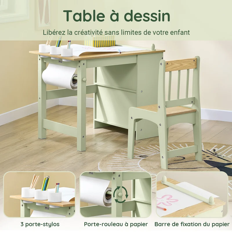 SoBuy KMB60-GR Table et Chaise Enfant avec Rangement – Bureau Enfant 2 Étagères, Porte-Papier et Rangements Stylos, Vert