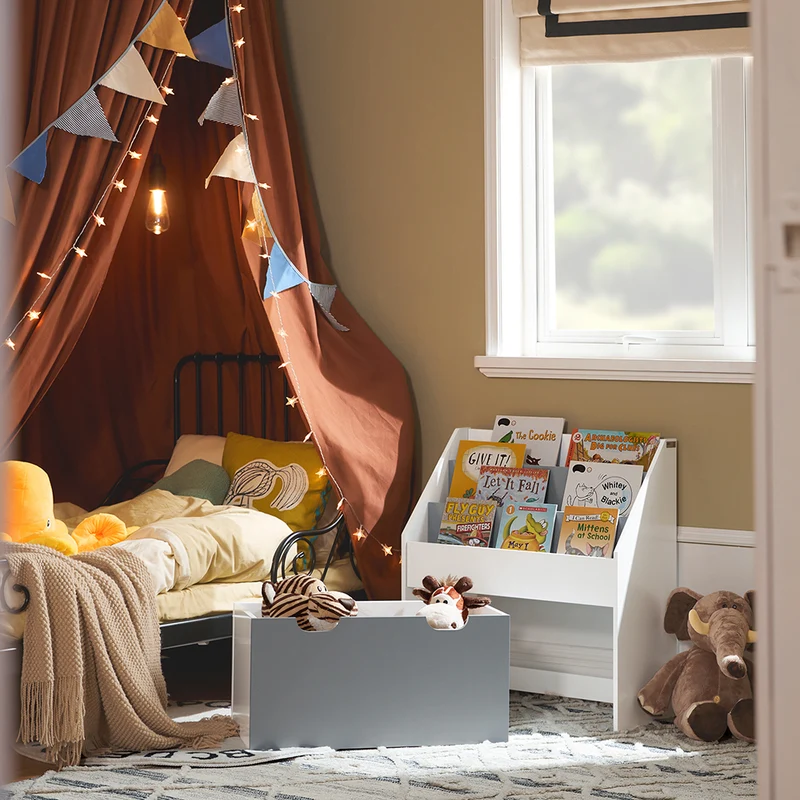 SoBuy KMB17-HG Bibliothèque Étagère à Livres Étagère de Rangement Jouets pour Enfants Porte-revues à 3 Niveaux avec 1 boîte de Rangement